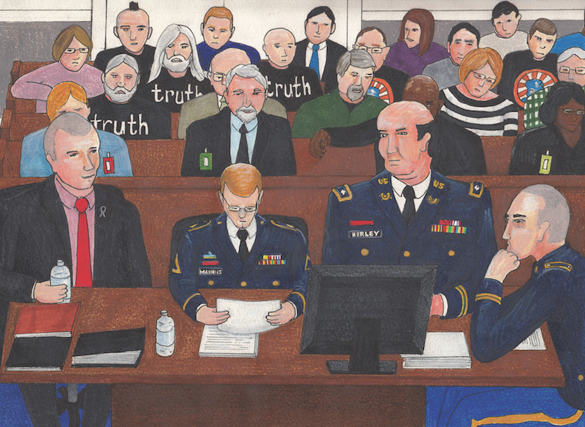 Drawing of a courtroom scene