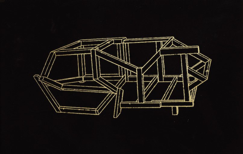 A linear, abstract drawing in yellow on a black background