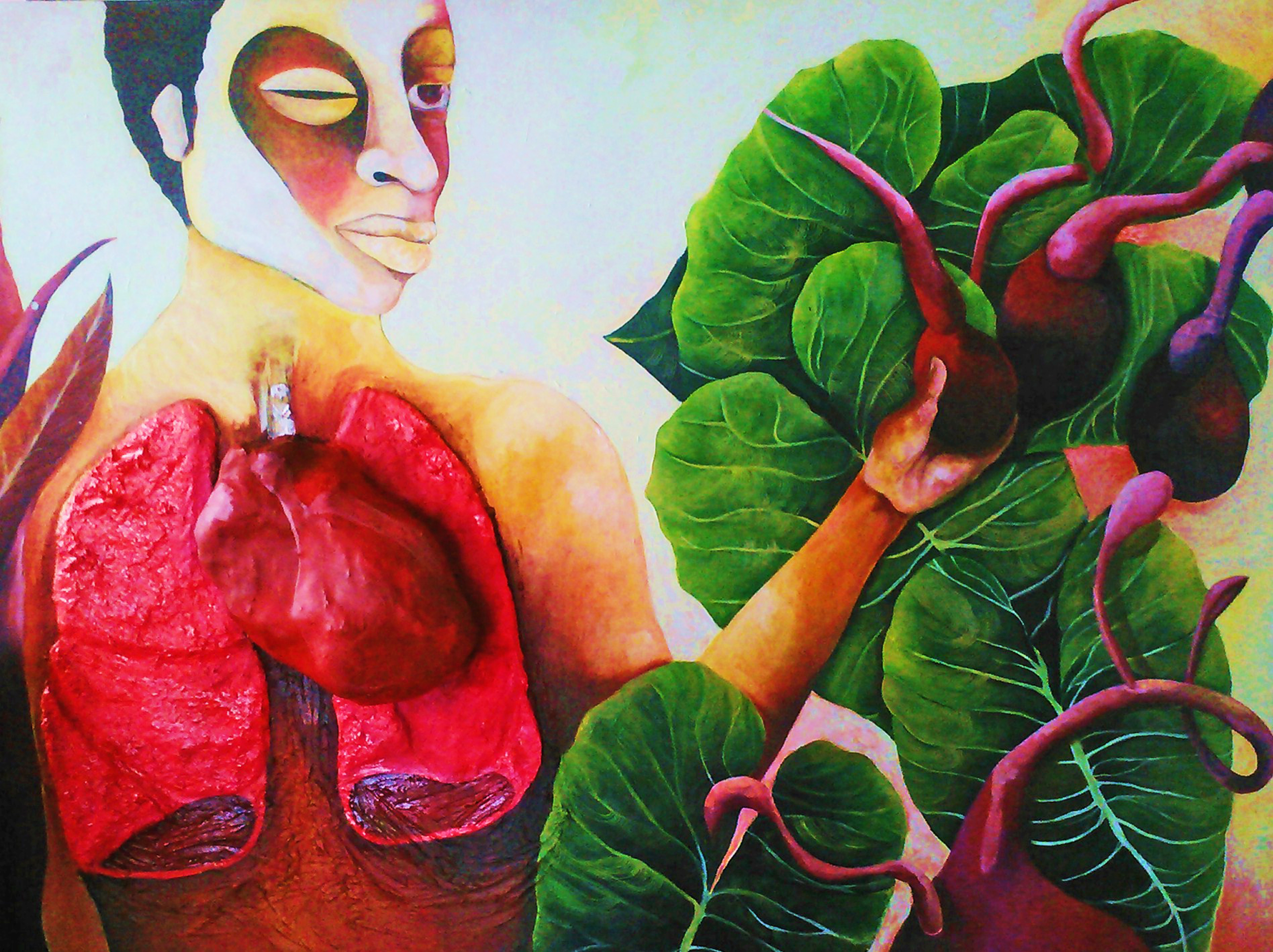 An painting depicting a person with visible lungs and heart holding a beet-like vegetable surrounded by large green leaves