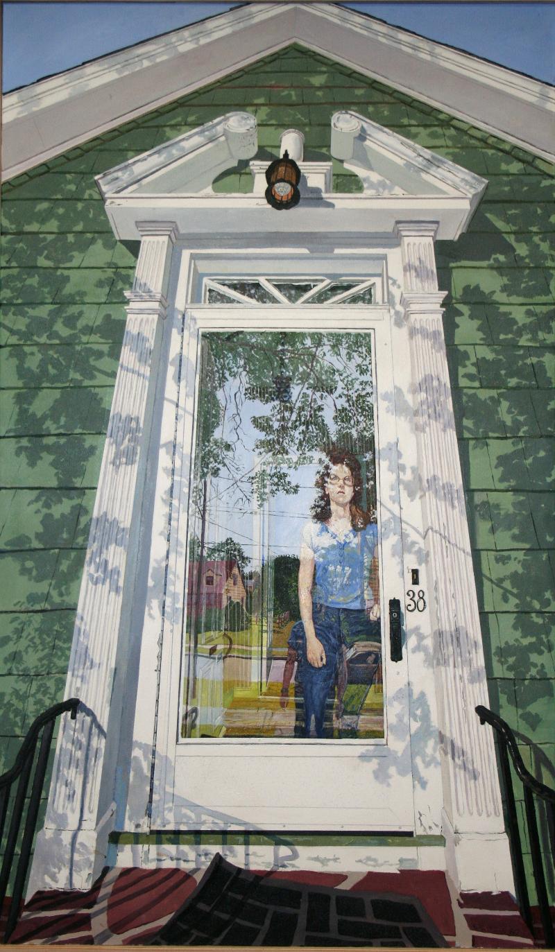 A painting of a girl looking through a glass door