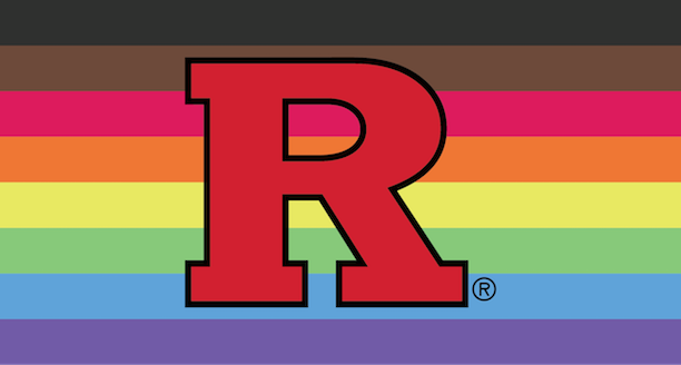 Pride flag emblazoned with the Rutgers R