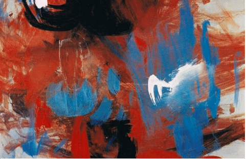 Abstract painting with marks of red, blue, white, black and grey