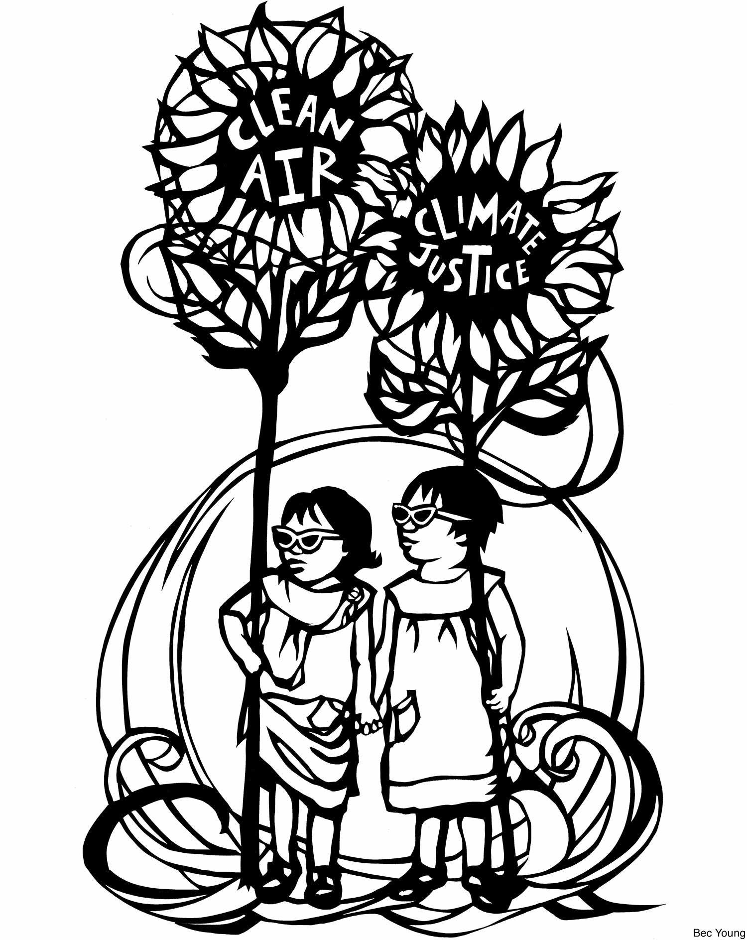 Black and white graphic coloring book image of two children standing in between giant sunflowers that say "clean air, climate justice"