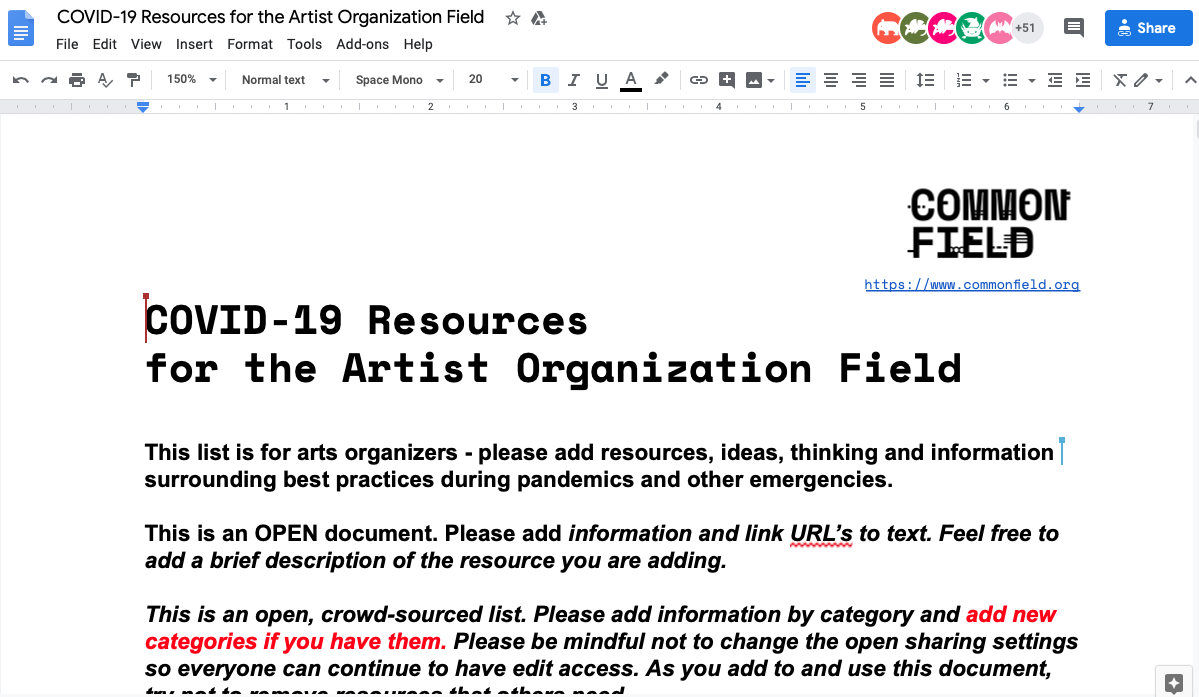 A screen shot of a Google Doc with a list of COVID-19 Resources for the Artist Organization Field