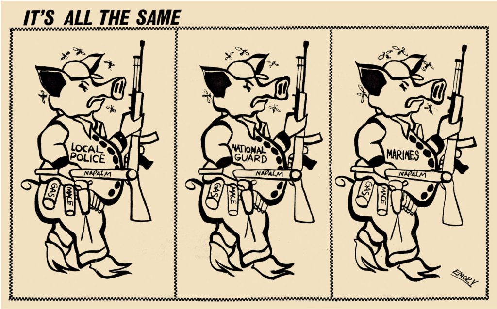 A cartoon image of three pigs. Each of the pigs holds a rifle. Respectively, their shirts read, "Local Police," "National Guard," and "Marines."